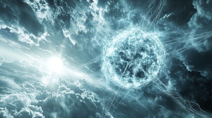 Surreal Cosmic Scene with Glowing Energy Sphere and Dramatic Clouds in a Mystical Sky