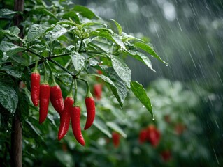 Red chilies ripening on a plant in the rain, rain falling on chili pepper plant, close-up.