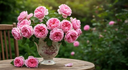 Pink roses in vintage vase