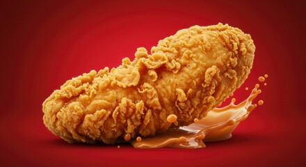 Crispy, golden-brown fried chicken tender resting on a brown sauce splash with red gradient background