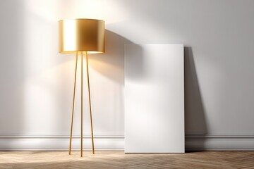 Empty white canvas poster beside a gold floor lamp.