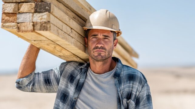 A construction worker carries lumber on his shoulder, looking at the camera with a serious expression, against a blurred desert background.