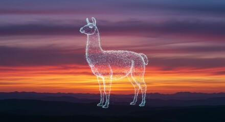 Ethereal llama silhouetted against a vibrant sunset over a mountain range