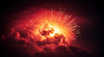 Fiery explosion within dark, ominous clouds, resembling a dramatic fireworks display against a starlit night sky