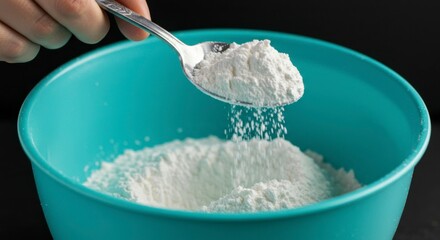 Flour being measured into a mixing bowl