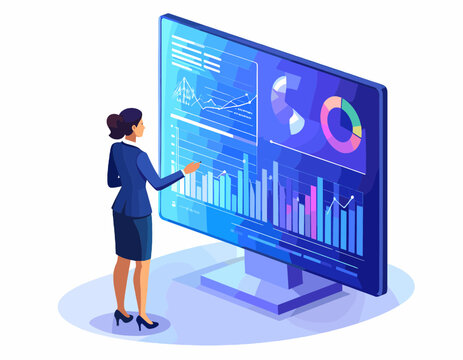 Woman Presenting Business Analytics Data on Large Blue Screen Displaying Graphs and Charts in a Modern Isometric Style Illustration