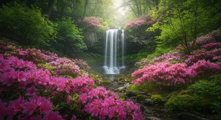 Lush waterfall cascading through vibrant pink flowers