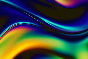 Obraz premium Blue iridescent waves crest over green and yellow currents on a dark, abstract background