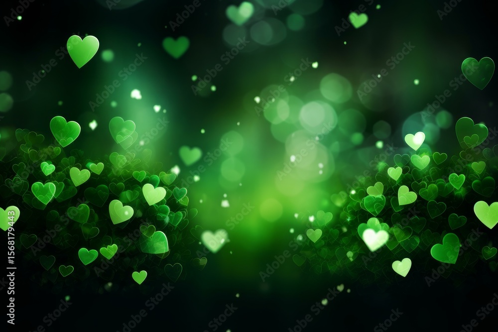 Poster green hearts floating on a dark green background with bokeh effect create a romantic atmosphere