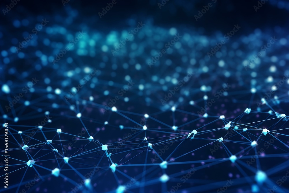 Poster Plexus effect creating a futuristic network with glowing nodes and lines connecting them on a dark blue background