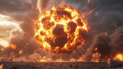 Massive fiery explosion in a dramatic landscape creating an intense display of fire and smoke against a darkened sky, highlighting the raw power of destructive forces.