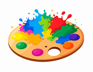 Wooden Art Palette Splattered with Vibrant Multicolored Paint on a Clean White Background for Creative Projects and Artistic Visuals