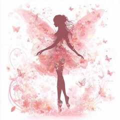 watercolor ballet dancer silhouette with pink butterflies abstract art illustration