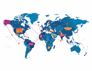 World Map Depicts Global Interconnectivity and International Network Connection in Blue Orange and Purple Tones