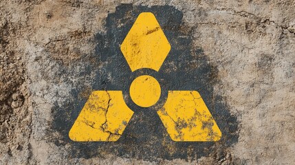 Weathered radiation hazard symbol painted on rugged concrete wall, showcasing signs of wear and caution in an industrial setting.