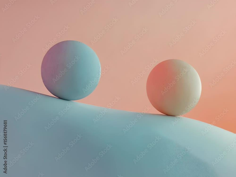 Poster abstract composition featuring a smooth sphere balanced on a curved wooden surface against a soft pa