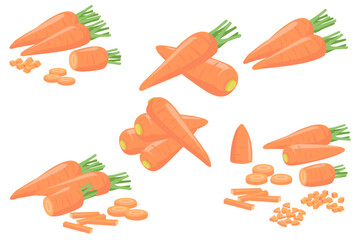淡い色使いのニンジンのシンプルなベクター画像のバリエーション。調理用にカットされた人参のセット。