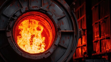 Intense flames ignite a metal furnace's interior