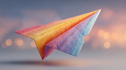 gradient paper airplane origami art floating against bokeh sunset sky background