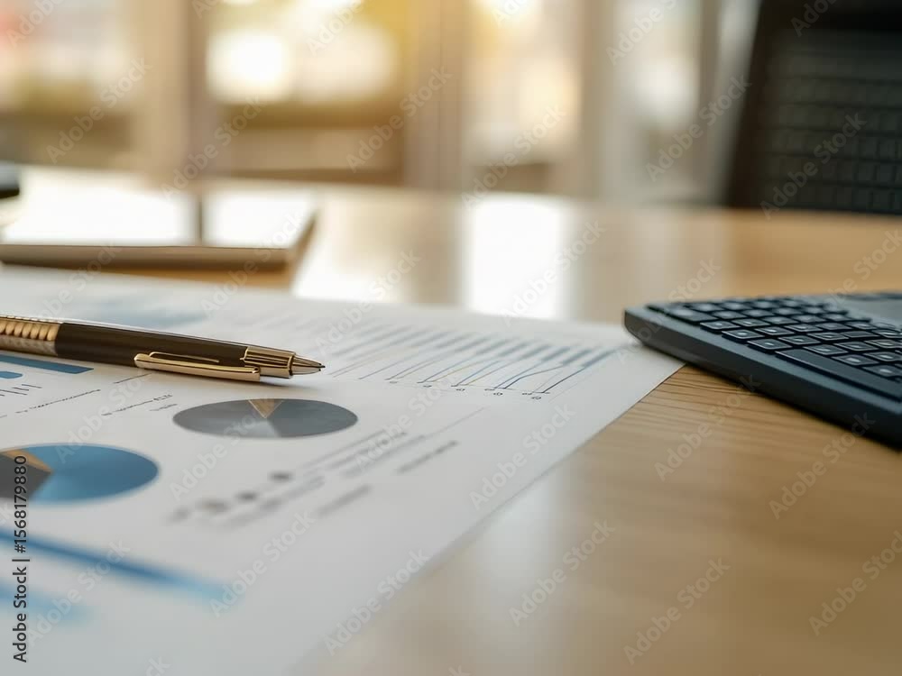 Aufkleber business analysis report featuring graphs and charts on paper, with a pen resting on the document, s