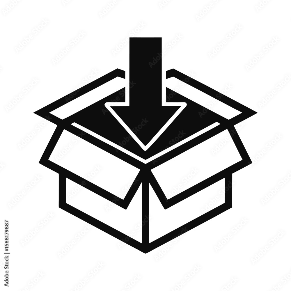 Poster graphic an open box with a downward pointing arrow package delivery