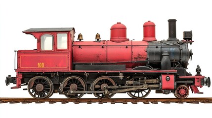 Tourist train engine, quaint, angled front, isolated on white, cheerful, inviting