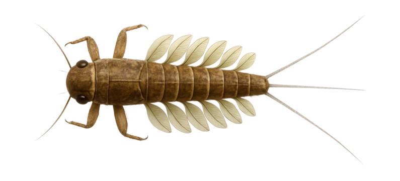 Mayfly nymph with flattened body, gills along the abdomen, and three tail filaments