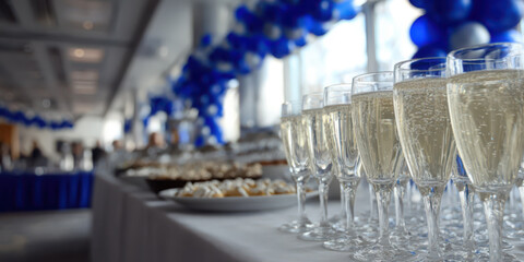 Champagne glasses and a buffet with blue balloons on a white table