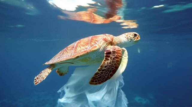 Sea turtle swims gracefully underwater while entangled in plastic waste off the coast