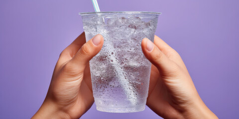 Close-up of human hands holding a cold lemonade in a clear plastic cup with a straw, condensation and ice visible on the cup
