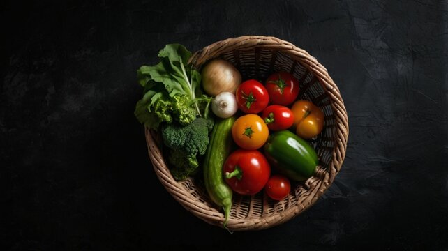 Top View of Fresh Vegetables Basket on right side with black wall texture Dark Background
