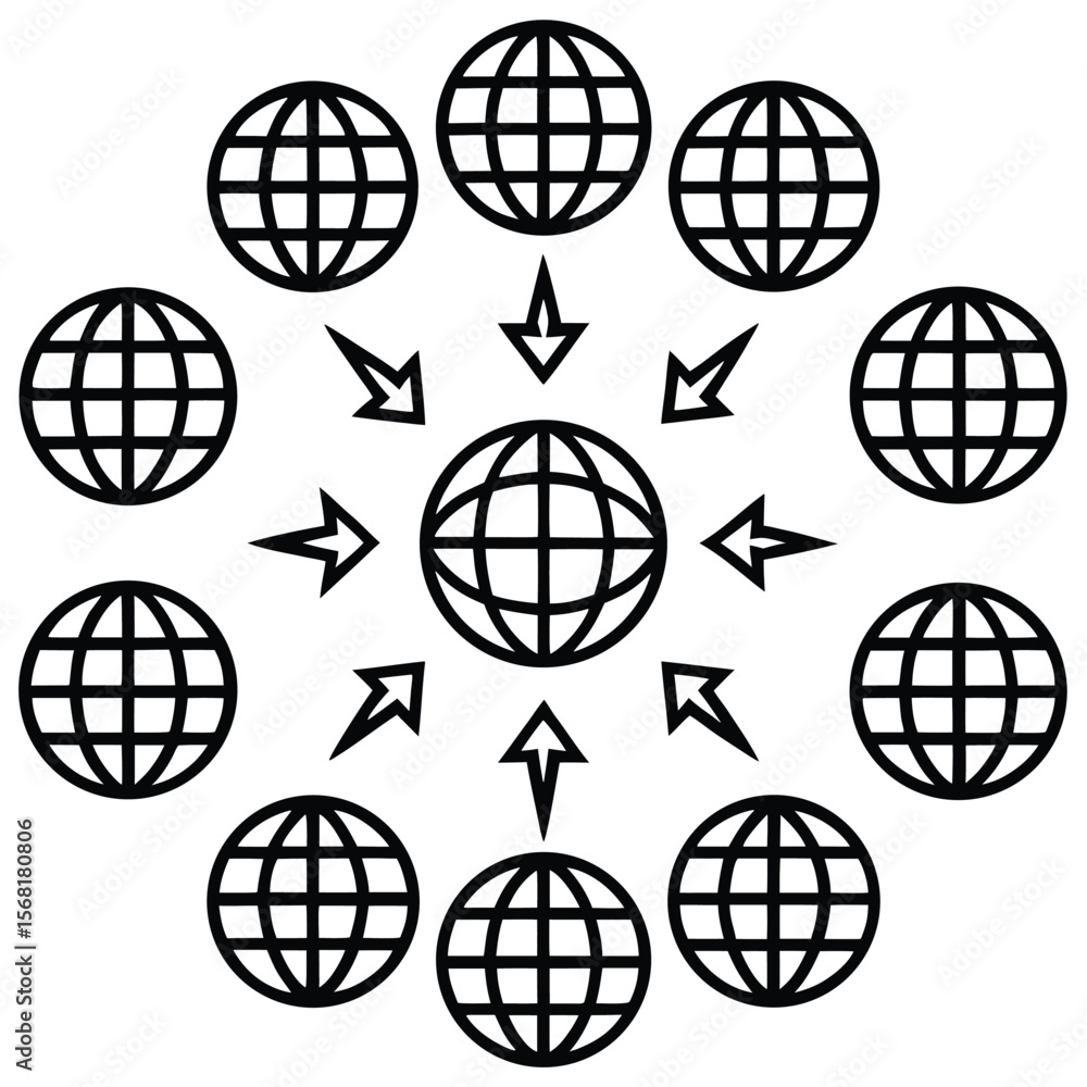 Aufkleber globe icon set with world map symbols for web and business design
