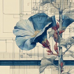 vintage botanical morning glory floral illustration on antique paper blue flower technical drawing