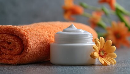 Cream jar, orange towel, flowers.  Close-up skincare product