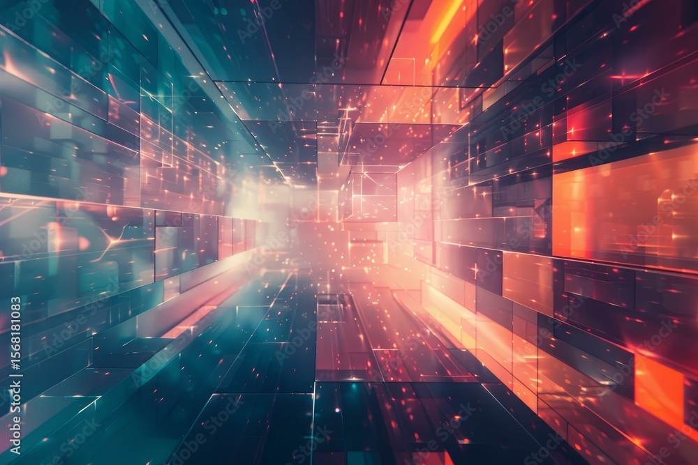 Poster vibrant abstract tunnel of glowing digital data lines and particles representing highspeed cyber tec