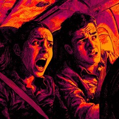 dramatic red neon lighting two people screaming in car night scene cinematic horror