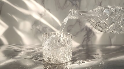 Pouring Water from a Bottle into a Crystal Glass on Marble Surface