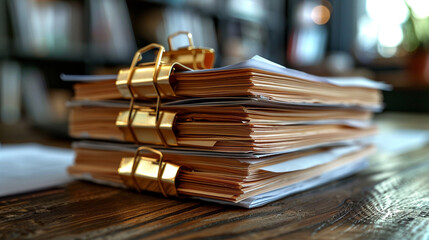 Stack of documents with gold clips on wooden table in a library.