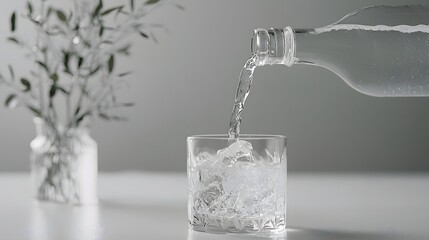 Refreshing Water Pouring Into Glass With Olive Branch Decoration