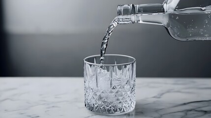 Water Pouring from Bottle into Glass on Marble Surface
