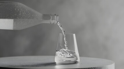 Clear Water Pouring from Bottle into Elegant Glass on Table