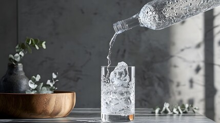 Fresh Water Pouring into Glass with Ice in Minimalist Setting