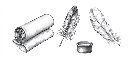 Inkwell, Quill Pen, Scroll Still Life Artwork with Vintage Sketching Tools