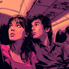 dramatic illustration two people riding night bus purple lighting asian style artwork