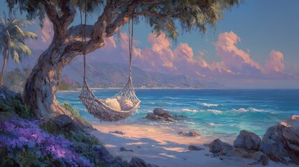 tropical beach seascape painting with swing palm tree ocean sunset artwork digital illustration