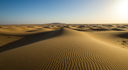 Majestic golden dunes create a captivating pattern across the vast, sun-drenched desert expanse.