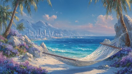 tropical paradise beach hammock scene with palm trees ocean waves and purple flowers digital art illustration