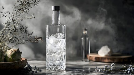 Elegant Glass Bottle with Ice and Dried Flowers on Marble Surface