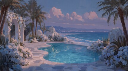 tropical paradise beach fantasy art digital painting with palm trees cliffs ocean lagoon and turquoise water scenic landscape illustration