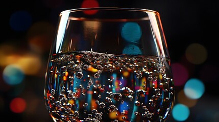 Sparkling Water in Glass with Colorful Bokeh Background Effects